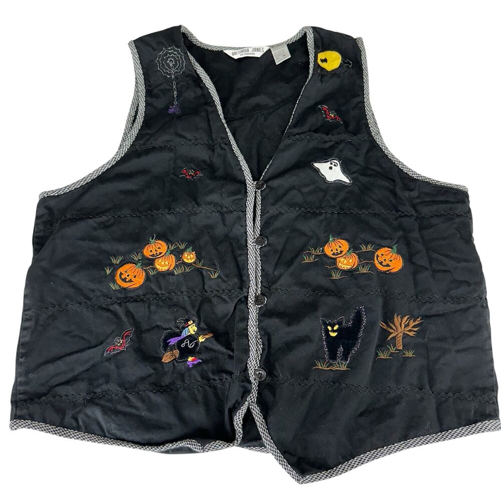 Vintage Womens Vest Size 1X Black Halloween Pumpkins Ghost Cat Witch Embroidered - Picture 2 of 12